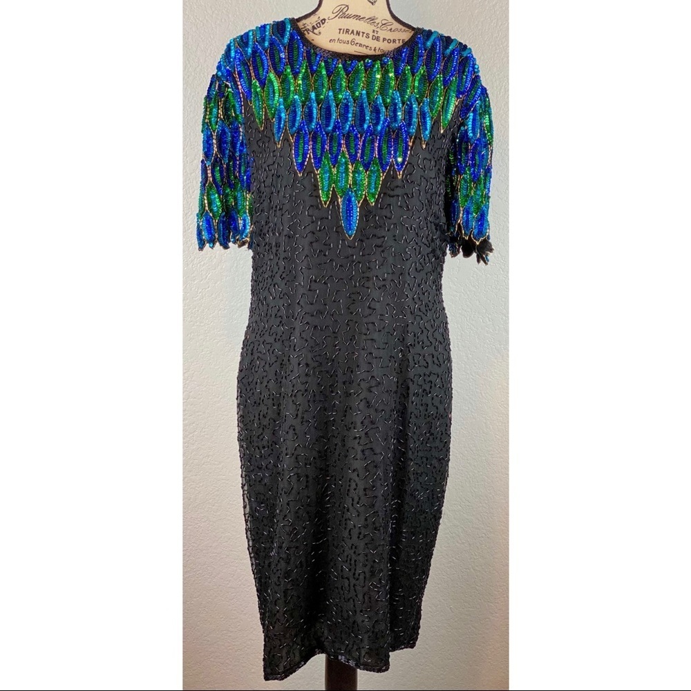 Vintage 80's Stenay Black Silk Multicolor Sequined Dress